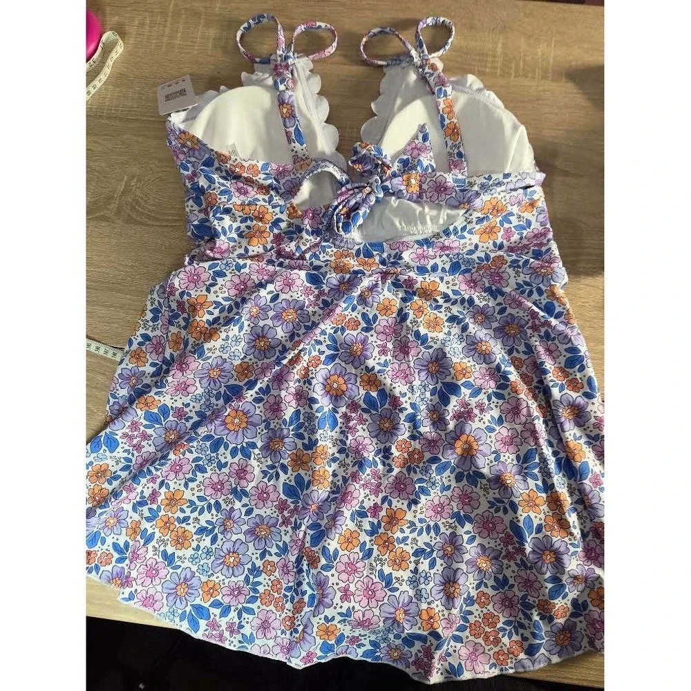 Charmo Womens Floral Wrap One Piece Swimsuit UPF 50+ Purple Orange Blue XL NWT
